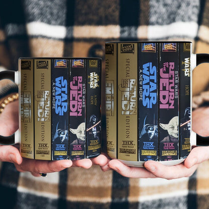 Star Wars VHS Collection Mug – Retro Trilogy & Prequel Movie Spine Coffee Cup