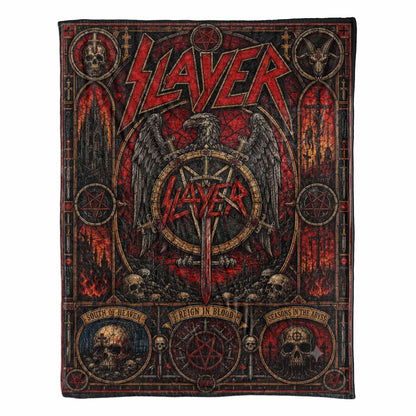 Slayer Band Sherpa Blanket – Reign In Blood Stained Glass Thrash Metal Throw Blanket