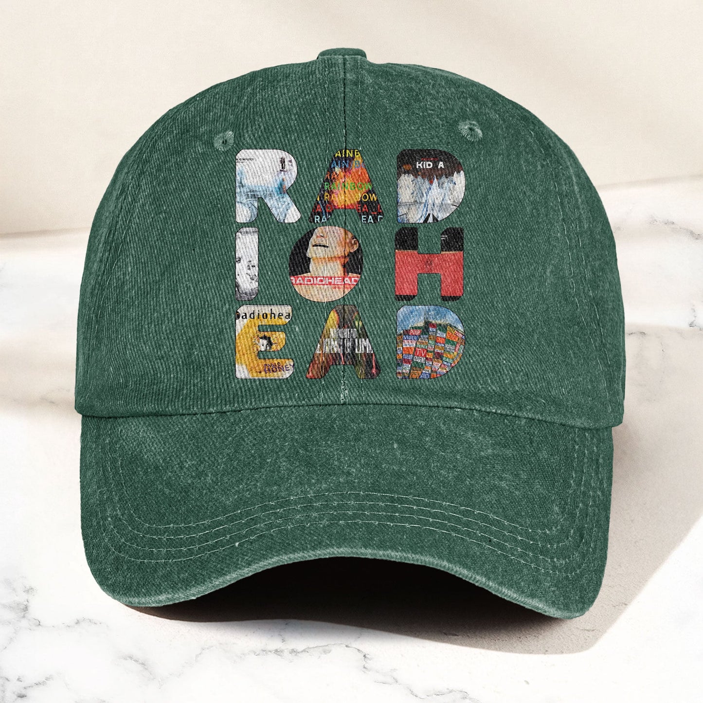 Radiohead Album Collage Denim Dad Cap – Vintage Washed Alternative Rock Hat