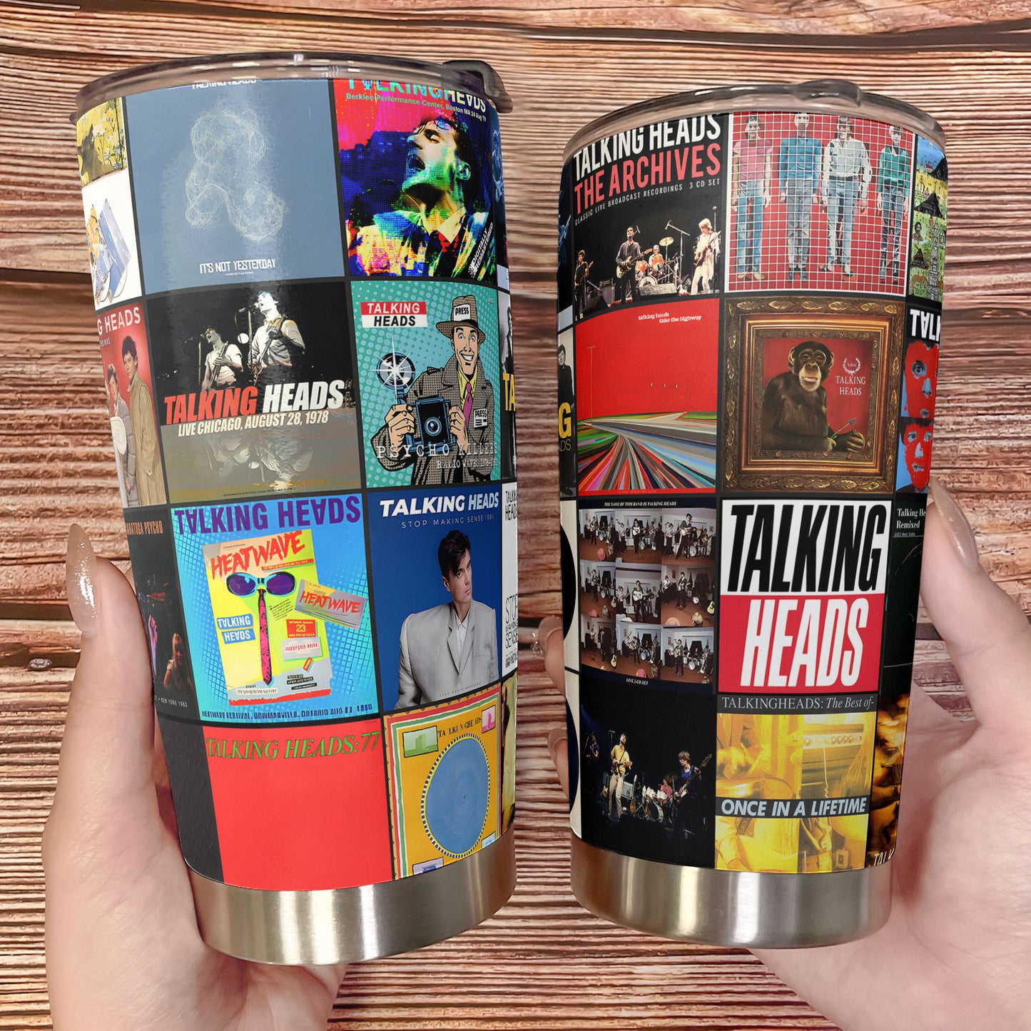 Talking Heads Album Collage Tumbler – Art Rock & New Wave Nostalgia