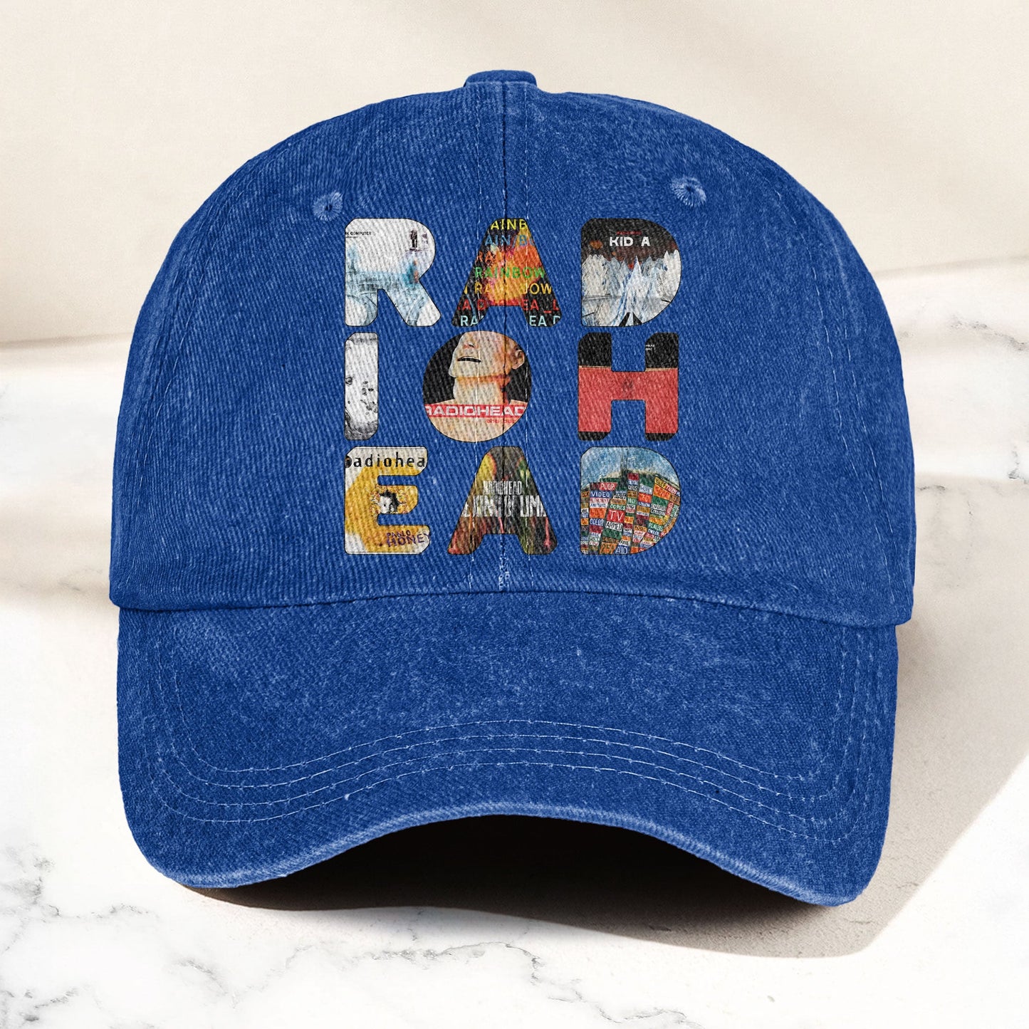 Radiohead Album Collage Denim Dad Cap – Vintage Washed Alternative Rock Hat