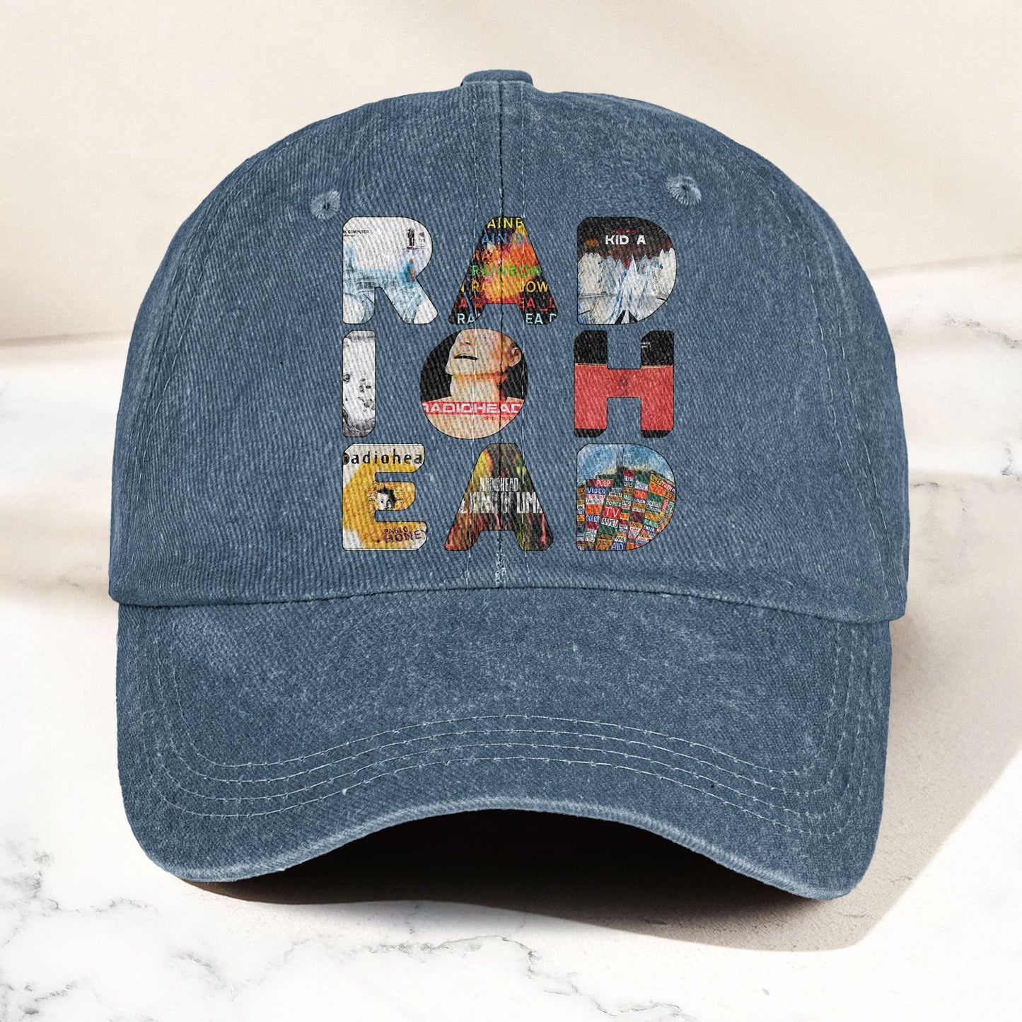 Radiohead Album Collage Denim Dad Cap – Vintage Washed Alternative Rock Hat
