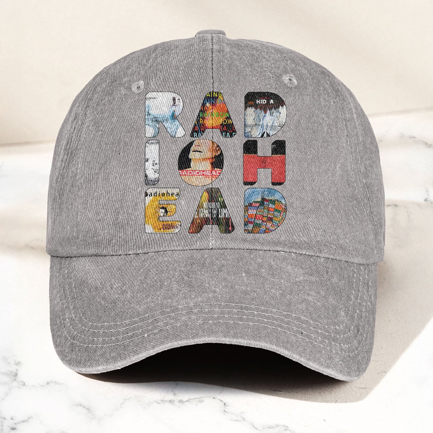 Radiohead Album Collage Denim Dad Cap – Vintage Washed Alternative Rock Hat