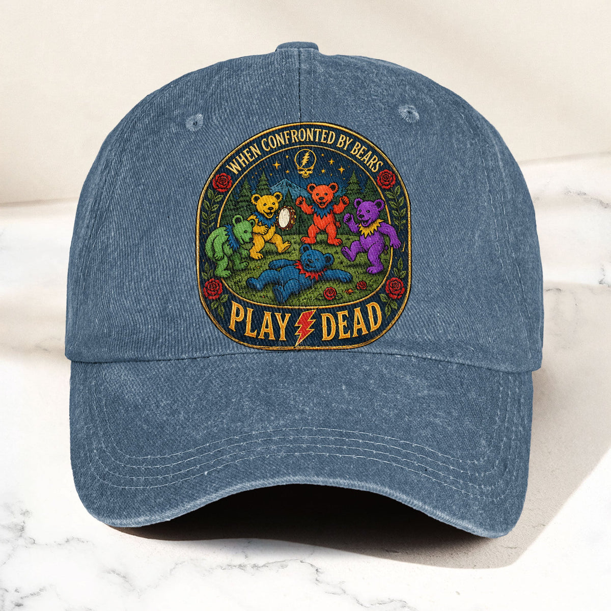 Grateful Dead When Confronted By Bears Dancing Bears Denim Cap – Retro Vintage Dad Cap Gift For Dad (With Box)