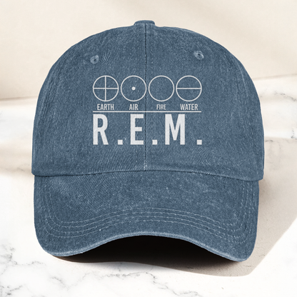 R.E.M Elements Logo Cap – Vintage Washed Black Denim Dad Hat, Earth Air Fire Water Minimalist Band Hat (With Box)