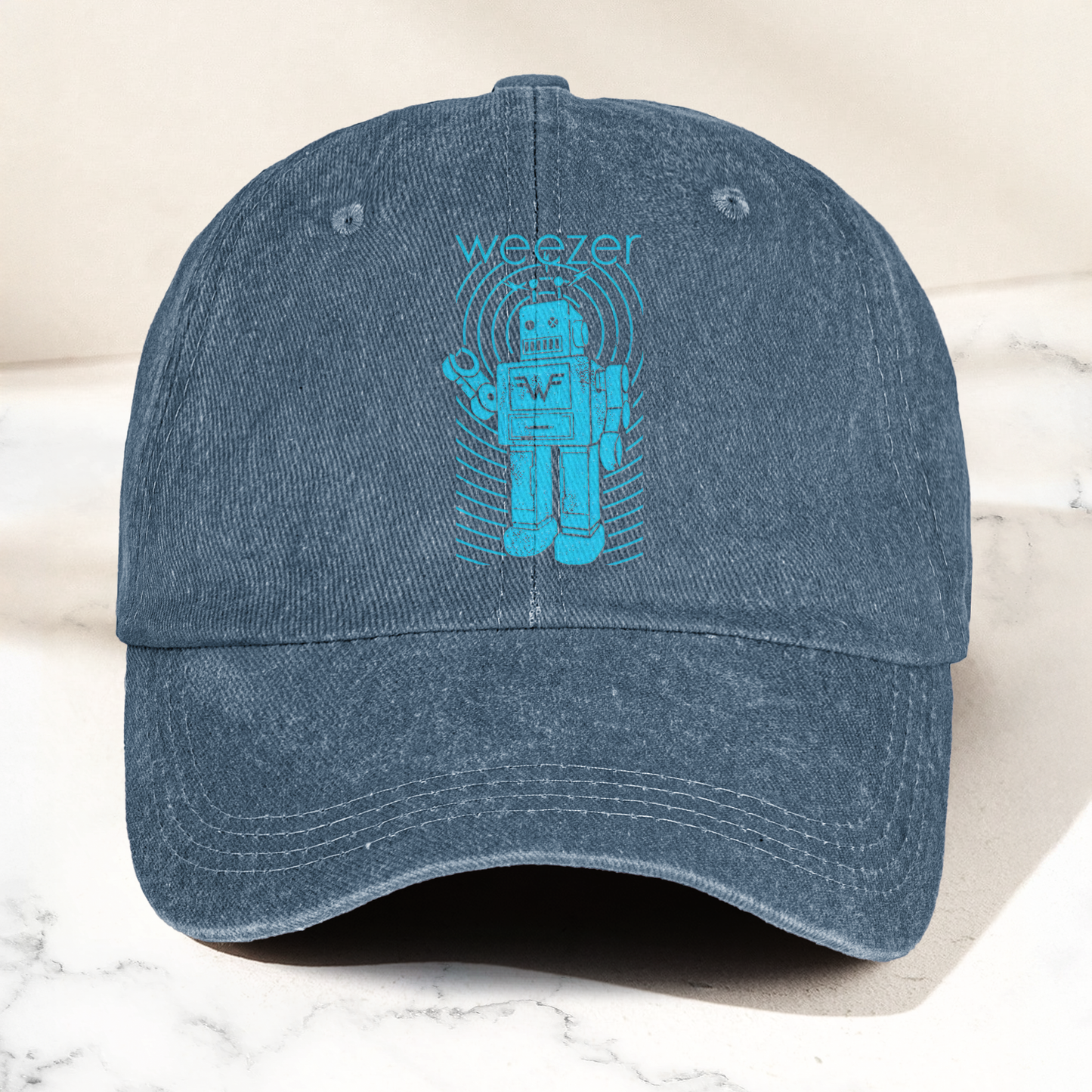 Weezer Robot Logo Cap – Vintage Washed Black Denim Dad Hat, Retro Sci-Fi Band Graphic Hat (With Box)