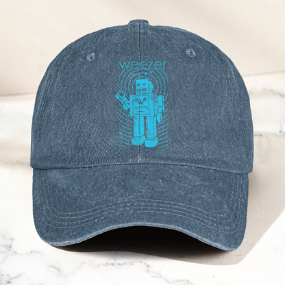 Weezer Robot Logo Cap – Vintage Washed Black Denim Dad Hat, Retro Sci-Fi Band Graphic Hat (With Box)