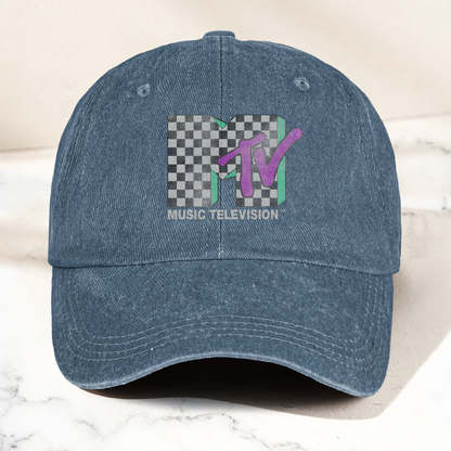 MTV Checkerboard Logo Cap – Vintage Washed Hat, Retro 80s Music Television Streetwear Hat (With Box)
