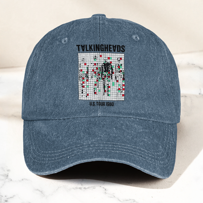 Talking Heads US Tour 1980 Cap – Vintage Washed Black Denim Dad Hat, Glitch Graphic Retro Band Hat (With Box)