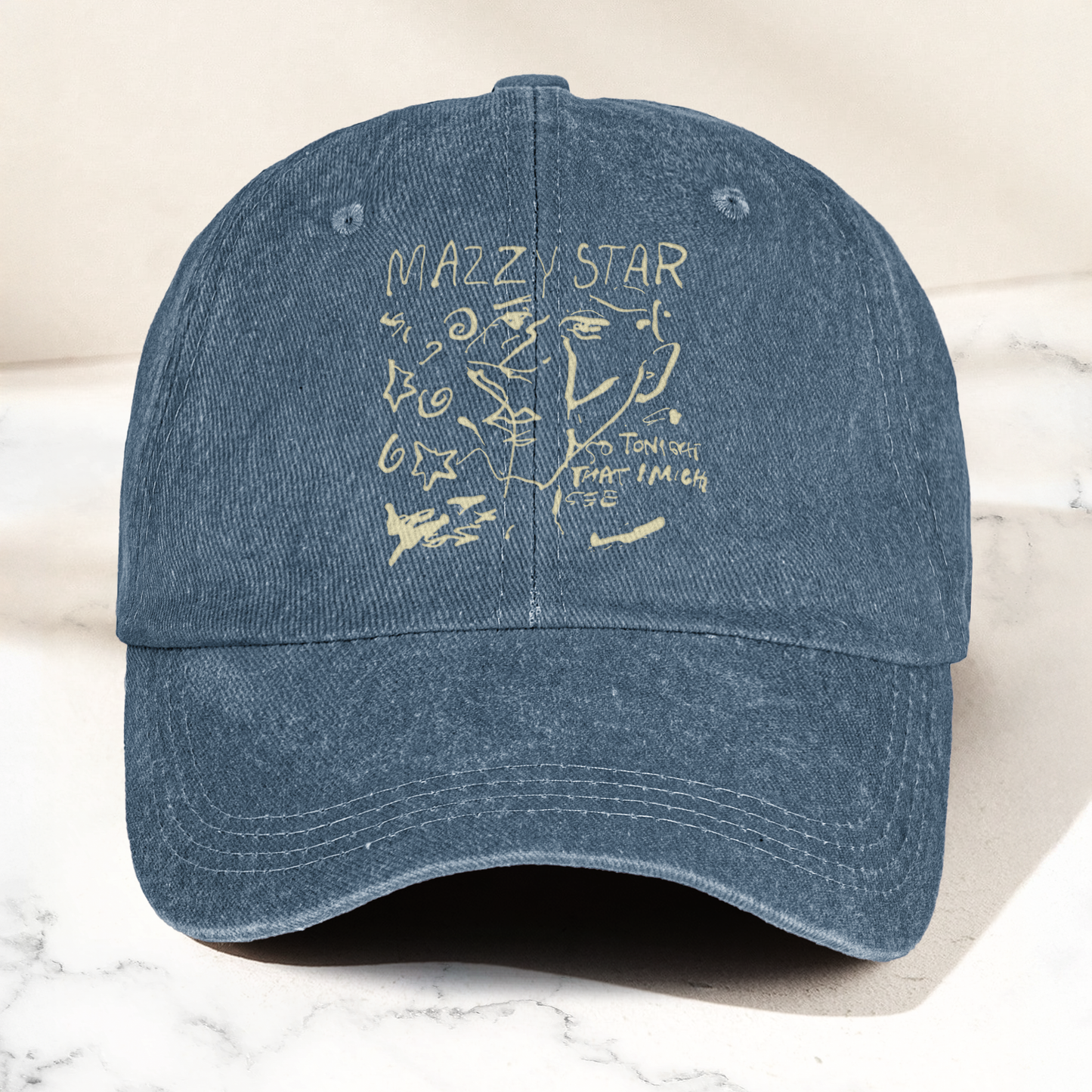 Mazzy Star Vintage Sketch Cap – Washed Black Denim Dad Hat, Dream Pop Band Aesthetic Hat Gift (With Box)