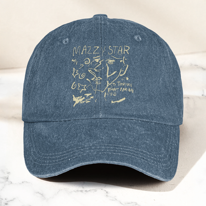 Mazzy Star Vintage Sketch Cap – Washed Black Denim Dad Hat, Dream Pop Band Aesthetic Hat Gift (With Box)