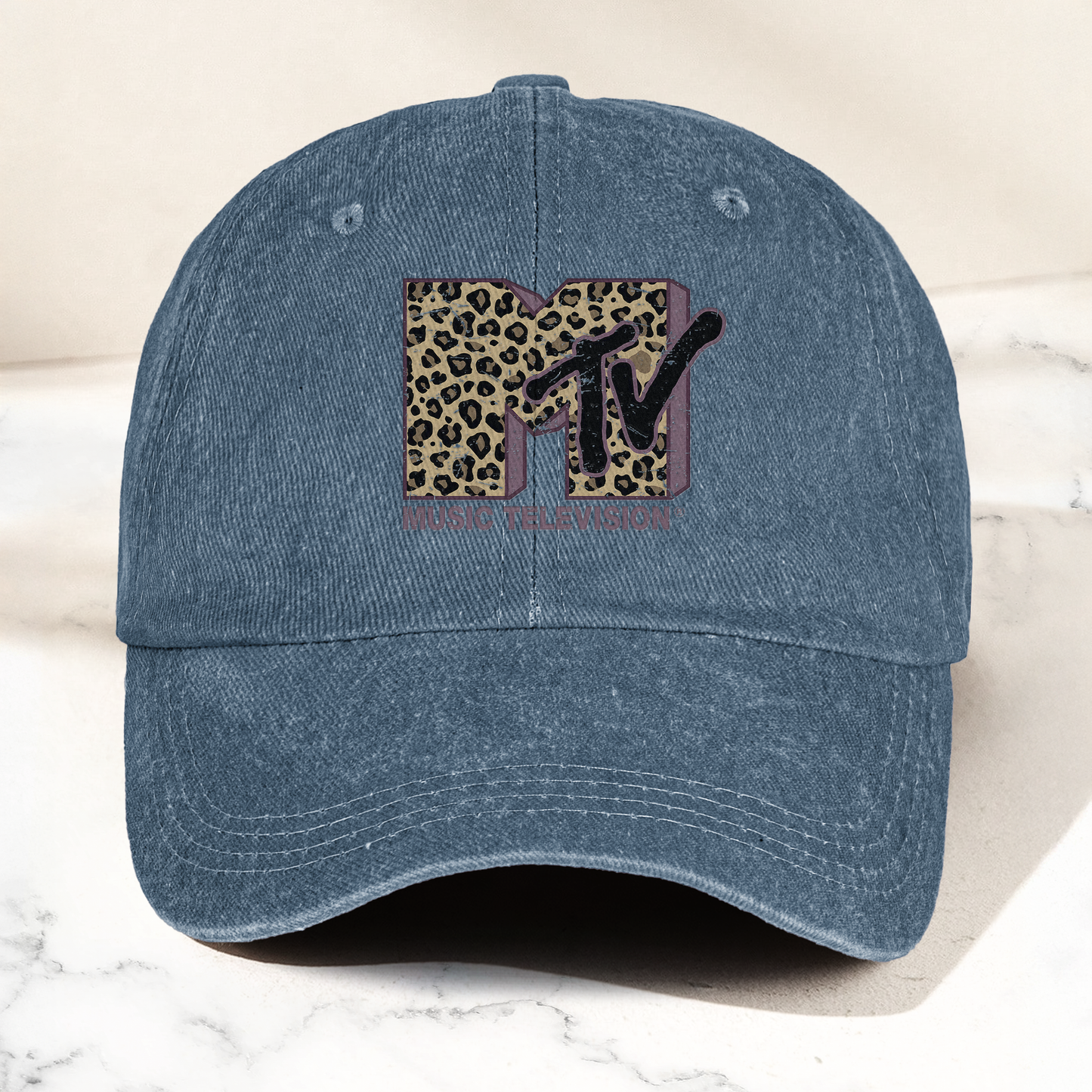 MTV Leopard Logo Cap – Vintage Washed Hat, Retro Music Television Minimalist Streetwear Hat (With Box)