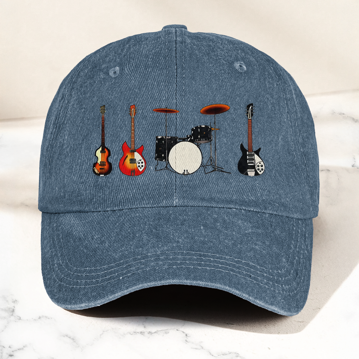 Vintage Rock Instruments Cap – Washed Black Denim Dad Hat, Guitar & Drum Minimalist Music Hat (With Box)