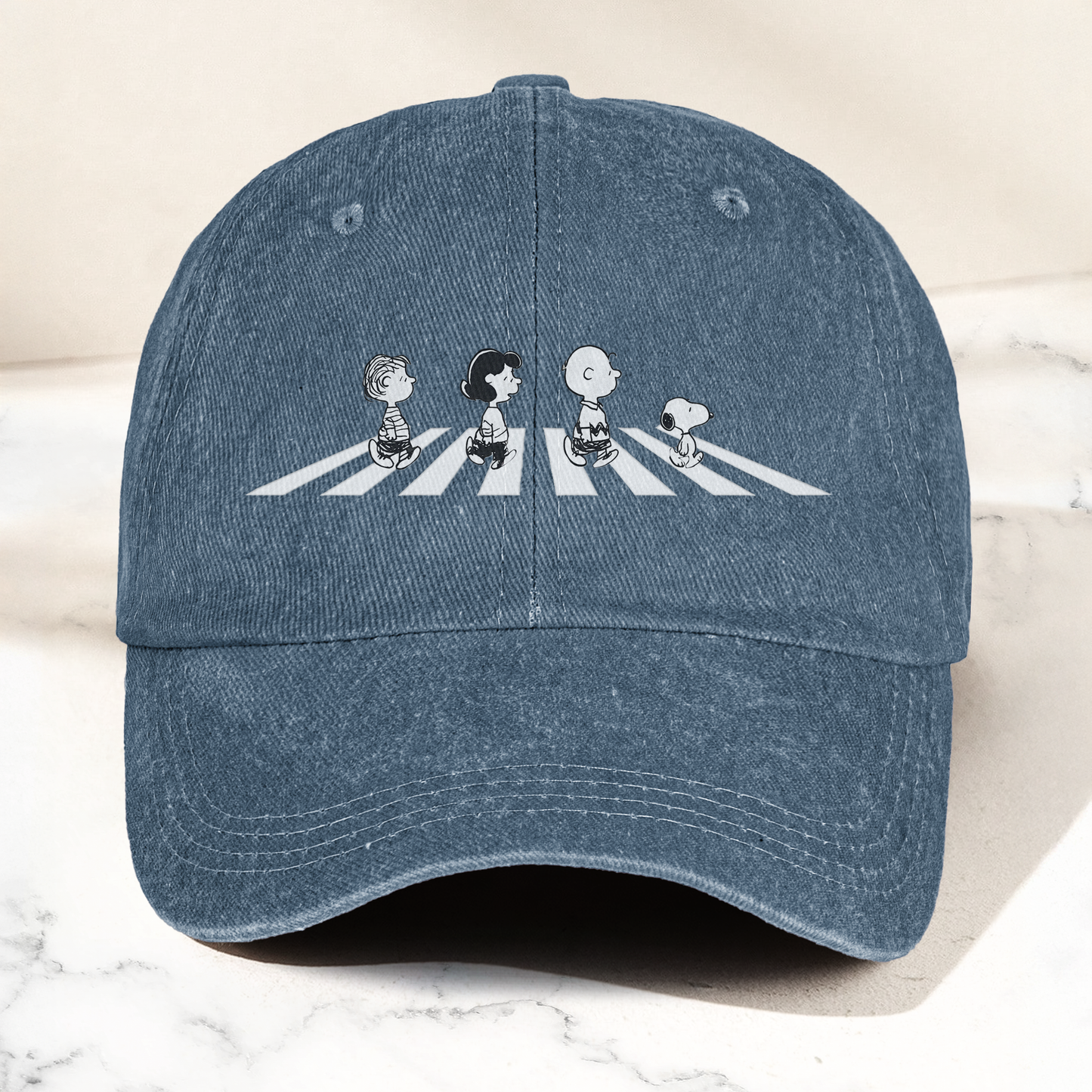 Peanuts Crosswalk Denim Cap – Minimalist Cartoon Abbey Road Style Dad Hat (With Box)