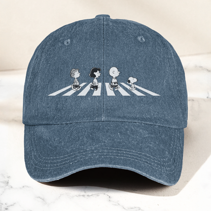 Peanuts Crosswalk Denim Cap – Minimalist Cartoon Abbey Road Style Dad Hat (With Box)