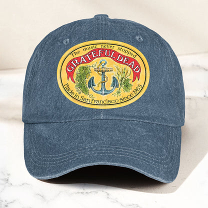 The Music Never Stopped Denim Cap – Grateful Dead Tribute Merch Dad Hat (With Box)