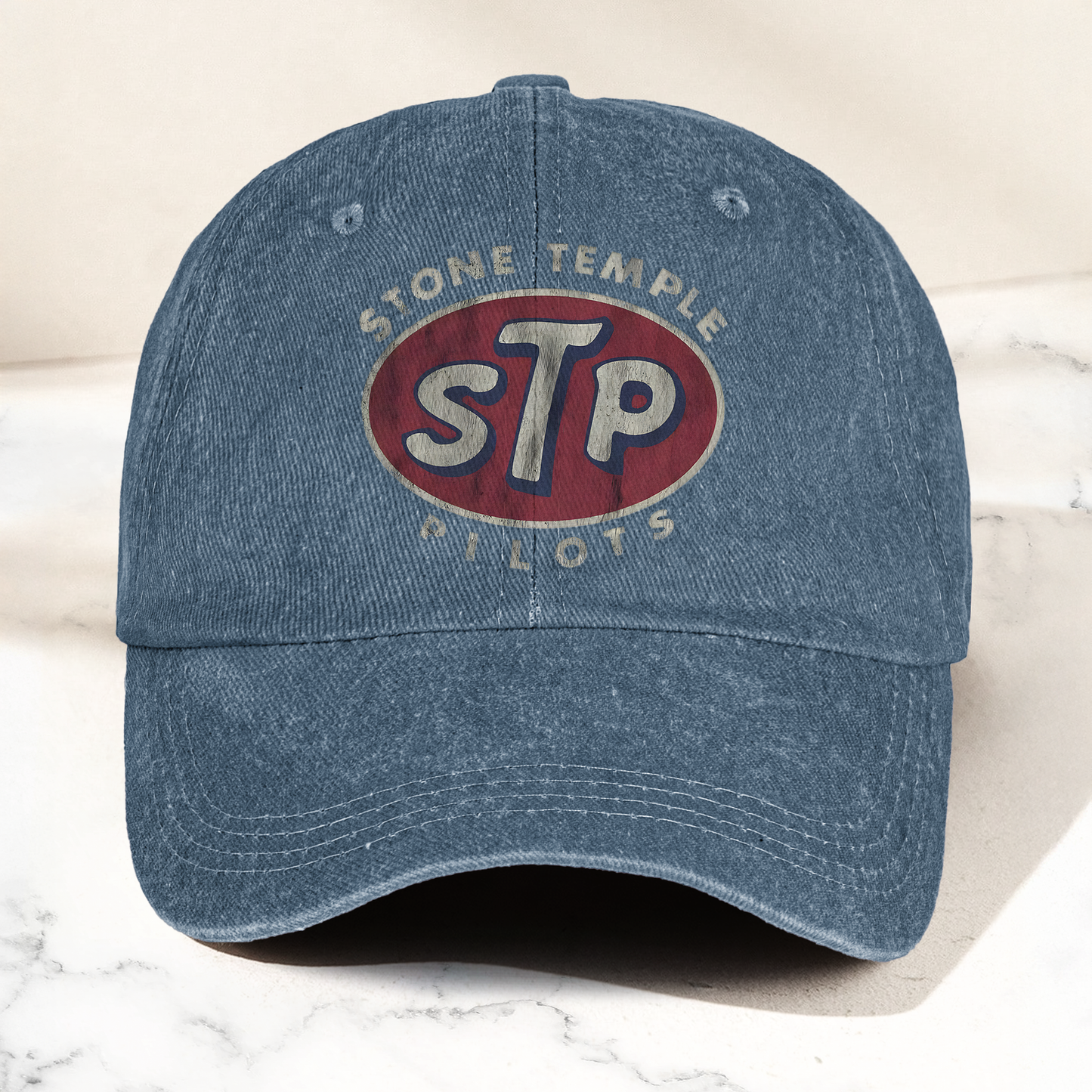 Stone Temple Pilots STP Cap – Vintage Washed Black Denim Dad Hat, Retro 90s Rock Band Logo Hat (With Box)