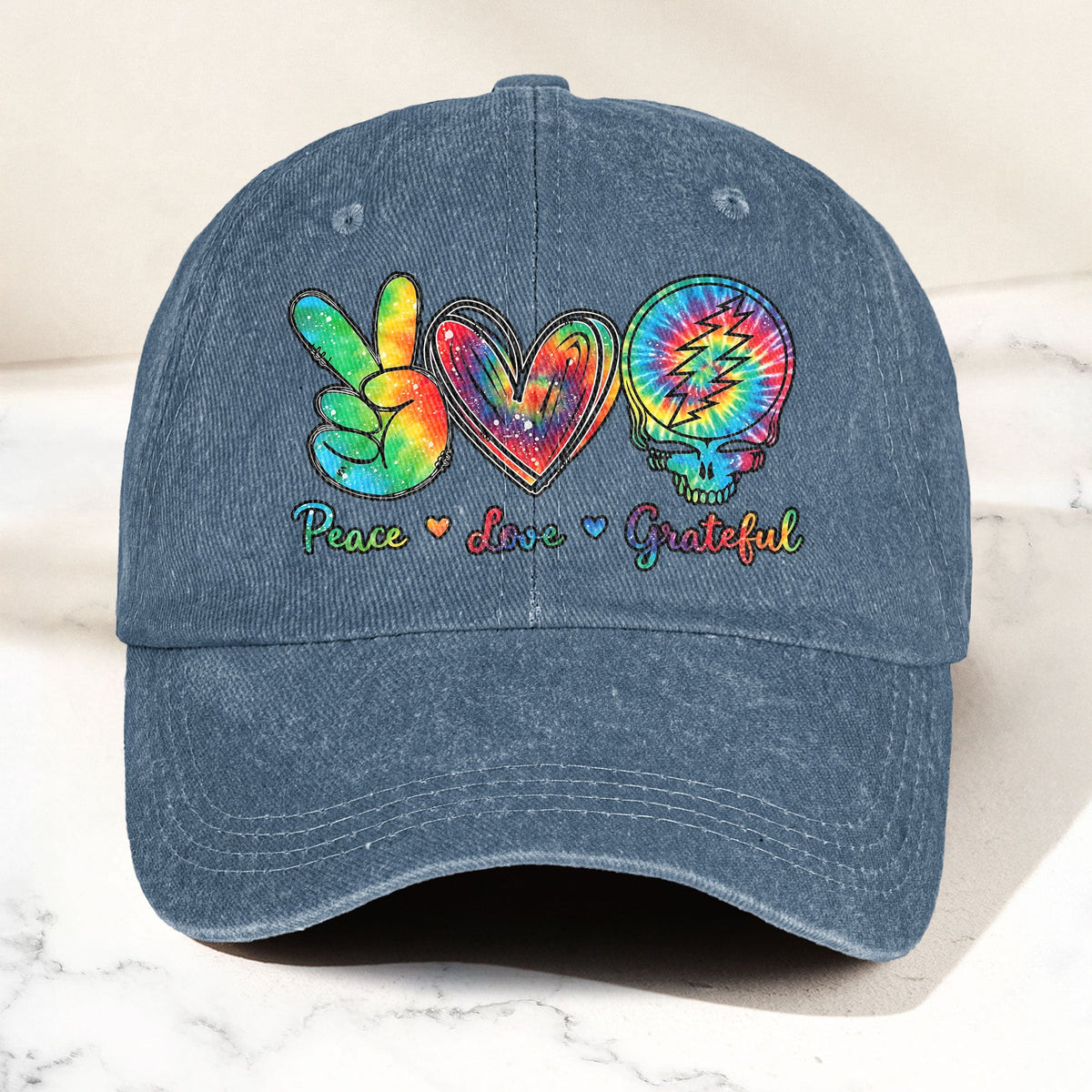 Peace Love Grateful Denim Cap – Retro Grateful Dead Merch Gift for Dad (With Box)