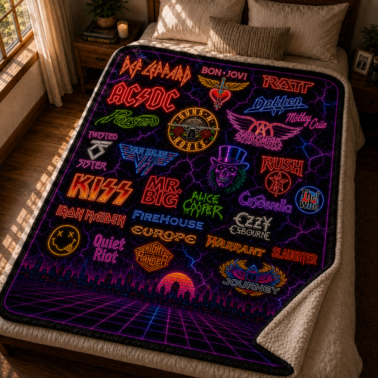 Classic Rock Legends Neon Sherpa Blanket – Vintage Band Logo Fleece Throw Blanket for Rock Music Fans