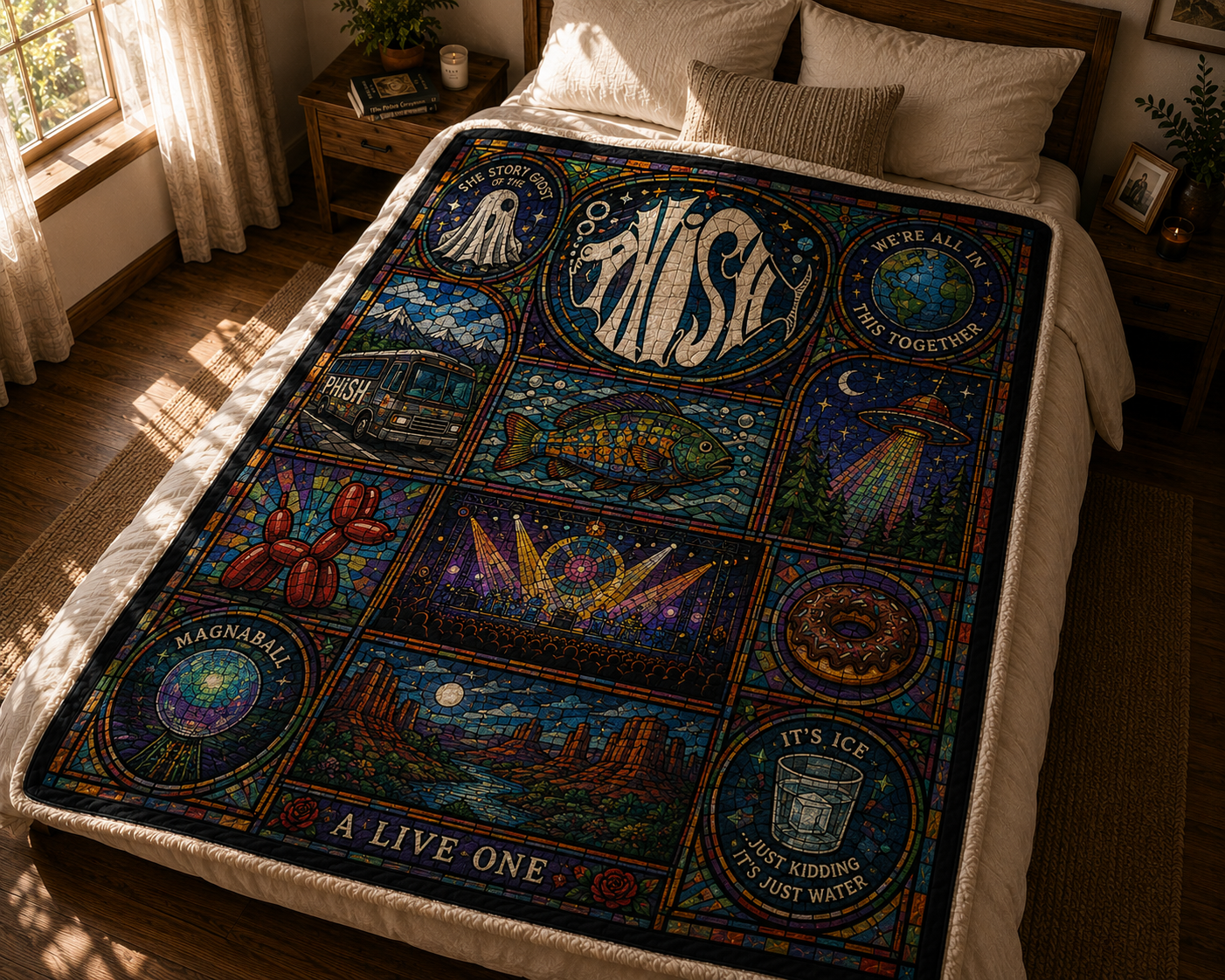Phish Stained Glass Sherpa Blanket – Psychedelic Jam Band Premium Fleece Throw Blanket