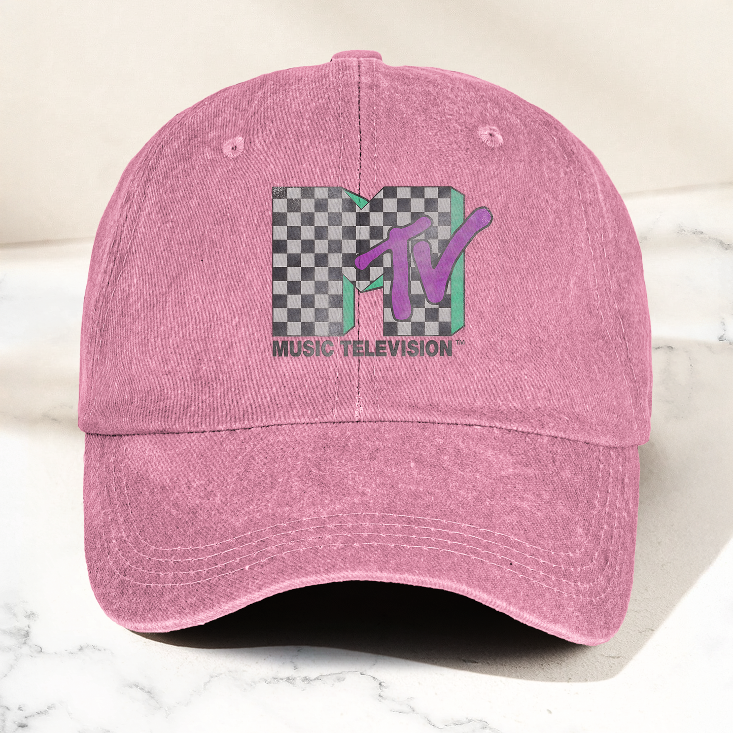 MTV Leopard Logo Black Denim Cap – Vintage Washed Music Television Dad Hat, Retro Streetwear Hat (With Box)