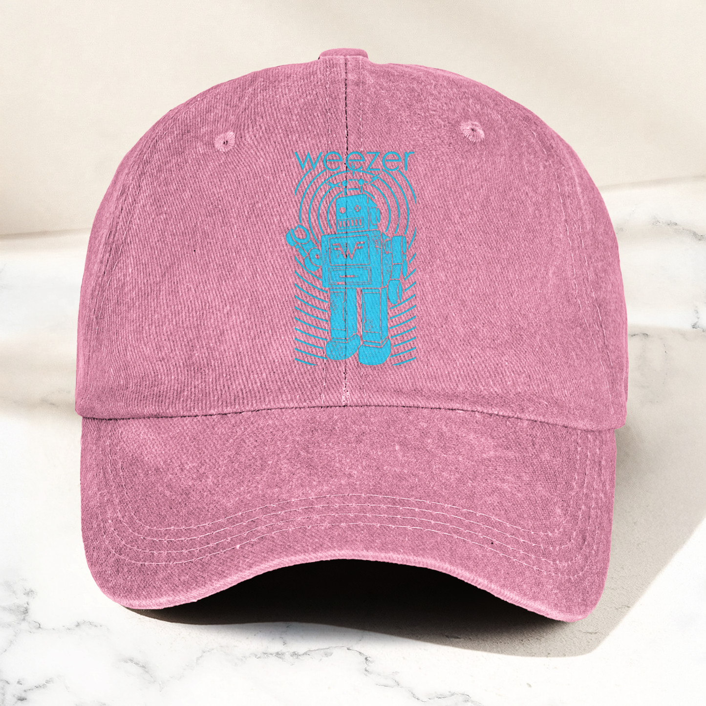 Weezer Robot Logo Cap – Vintage Washed Black Denim Dad Hat, Retro Sci-Fi Band Graphic Hat (With Box)