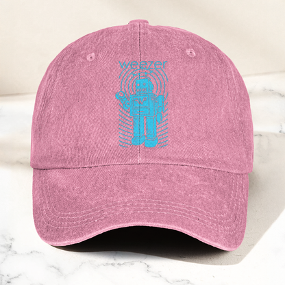 Weezer Robot Logo Cap – Vintage Washed Black Denim Dad Hat, Retro Sci-Fi Band Graphic Hat (With Box)