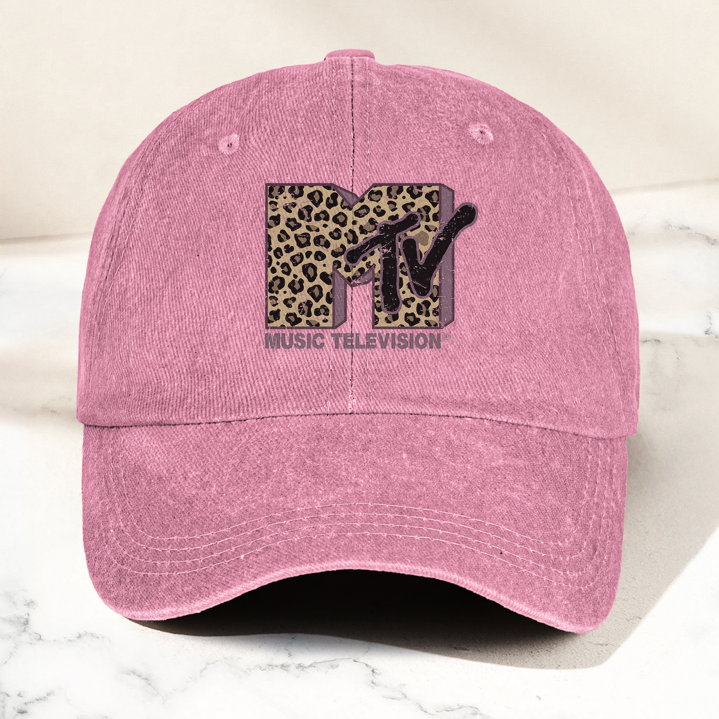 MTV Leopard Logo Cap – Vintage Washed Hat, Retro Music Television Minimalist Streetwear Hat (With Box)