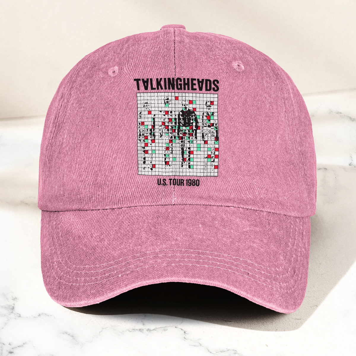 Talking Heads US Tour 1980 Cap – Vintage Washed Black Denim Dad Hat, Glitch Graphic Retro Band Hat (With Box)