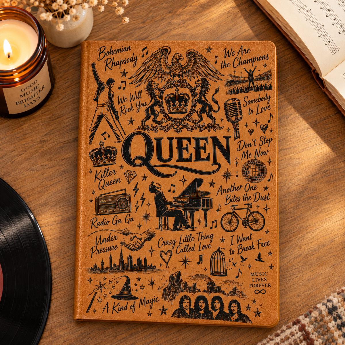 Queen Band Vintage Leather Journal – Retro Rock Anthem Leather Notebook for Music Fans