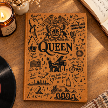 Queen Band Vintage Leather Journal – Retro Rock Anthem Leather Notebook for Music Fans