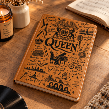 Queen Band Vintage Leather Journal – Retro Rock Anthem Leather Notebook for Music Fans