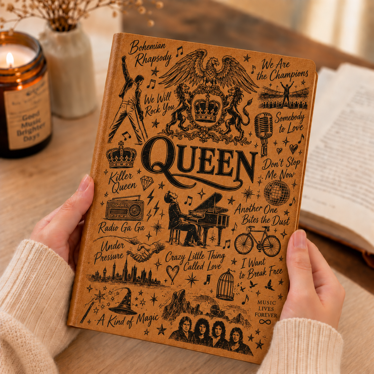 Queen Band Vintage Leather Journal – Retro Rock Anthem Leather Notebook for Music Fans