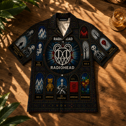 Radiohead Hawaiian Shirt – Unisex Retro Kid A Modified Bear Cathedral Window Button Up