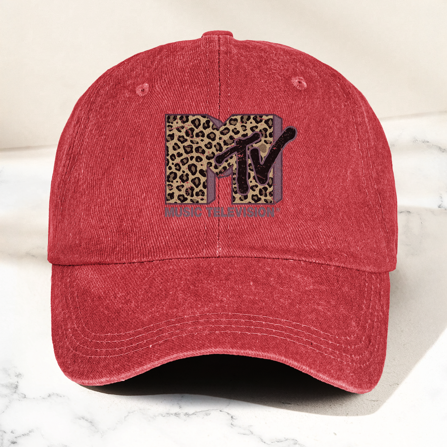 MTV Leopard Logo Cap – Vintage Washed Hat, Retro Music Television Minimalist Streetwear Hat (With Box)