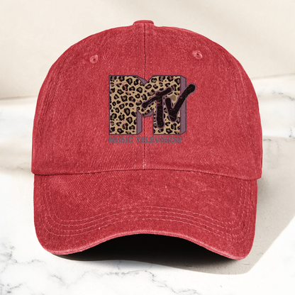 MTV Leopard Logo Cap – Vintage Washed Hat, Retro Music Television Minimalist Streetwear Hat (With Box)