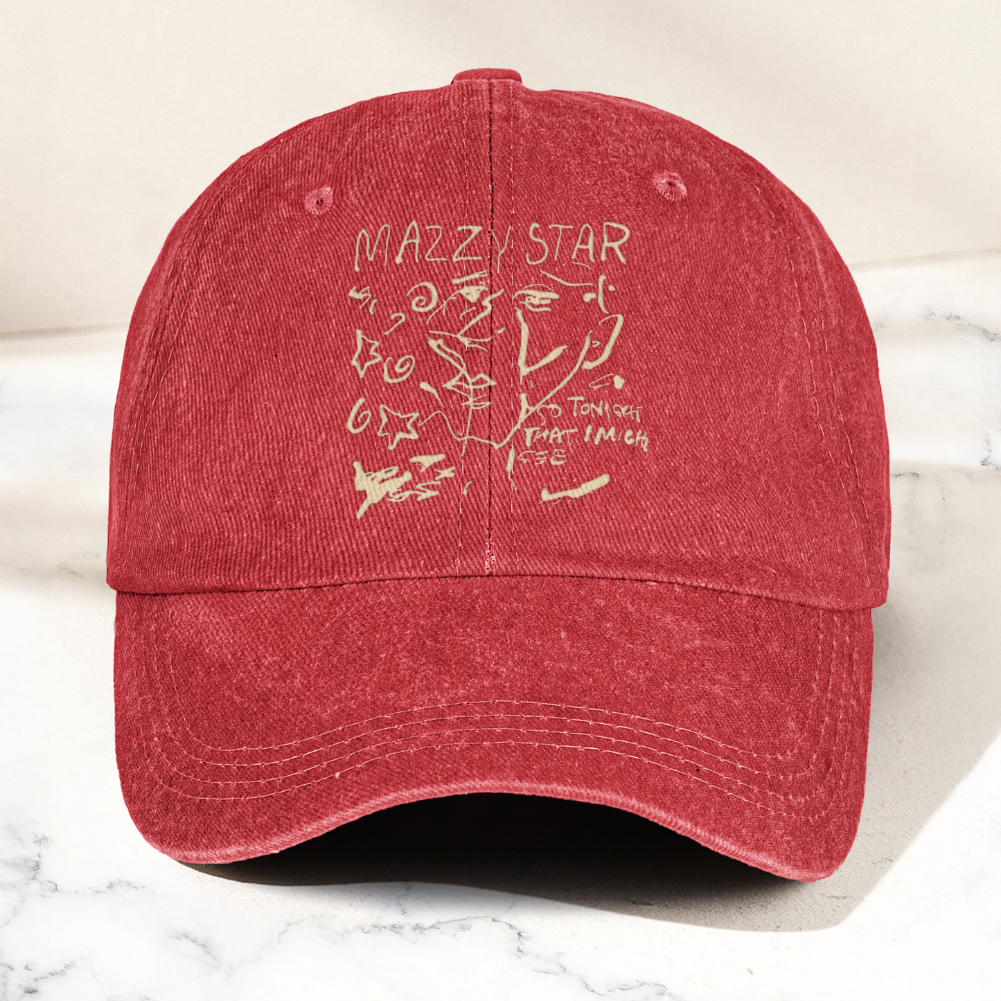 Mazzy Star Vintage Sketch Cap – Washed Black Denim Dad Hat, Dream Pop Band Aesthetic Hat Gift (With Box)