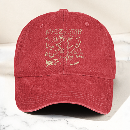 Mazzy Star Vintage Sketch Cap – Washed Black Denim Dad Hat, Dream Pop Band Aesthetic Hat Gift (With Box)