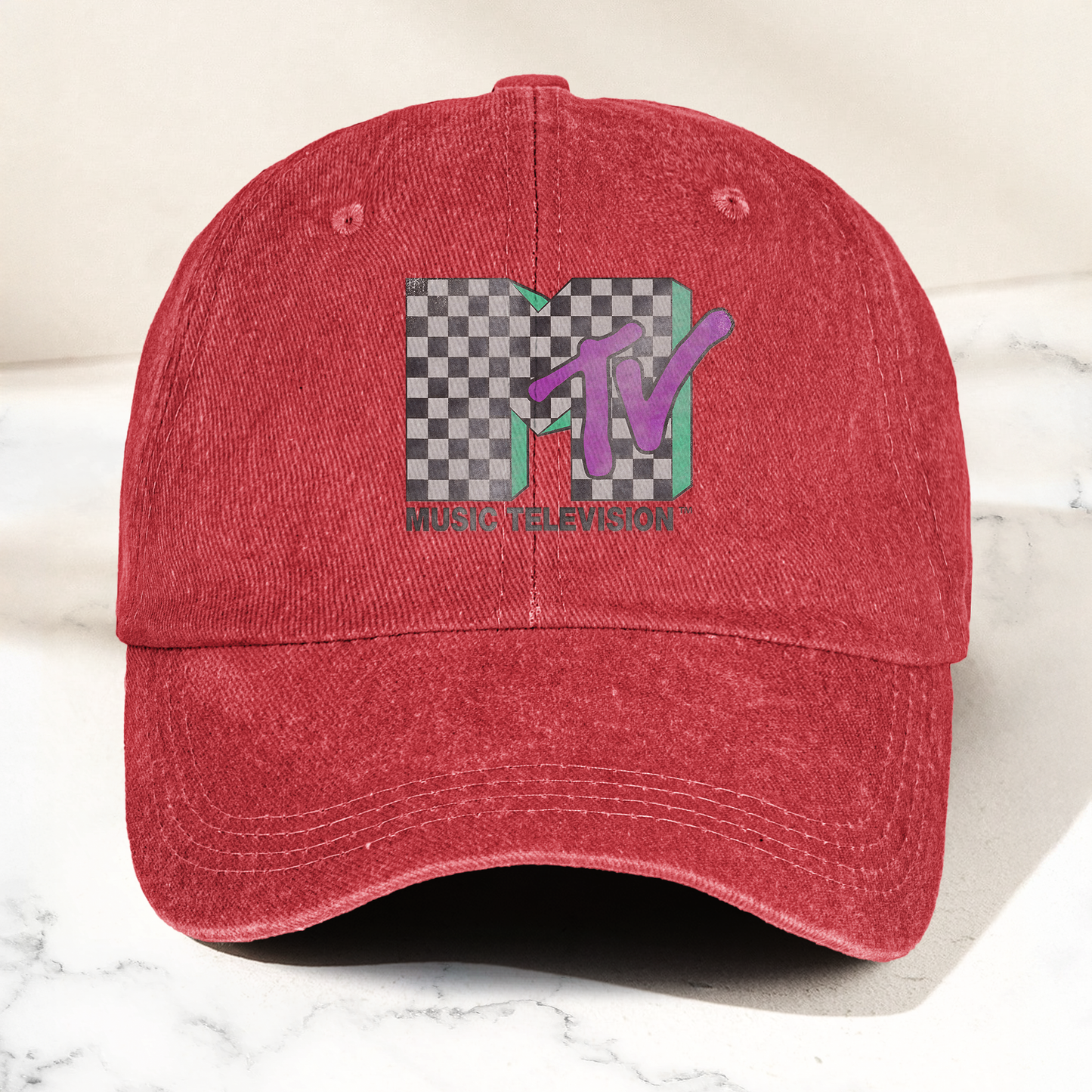 MTV Leopard Logo Black Denim Cap – Vintage Washed Music Television Dad Hat, Retro Streetwear Hat (With Box)