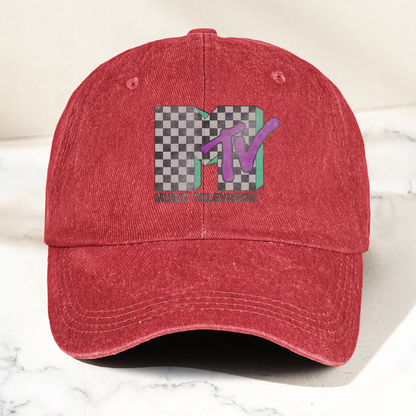 MTV Leopard Logo Black Denim Cap – Vintage Washed Music Television Dad Hat, Retro Streetwear Hat (With Box)