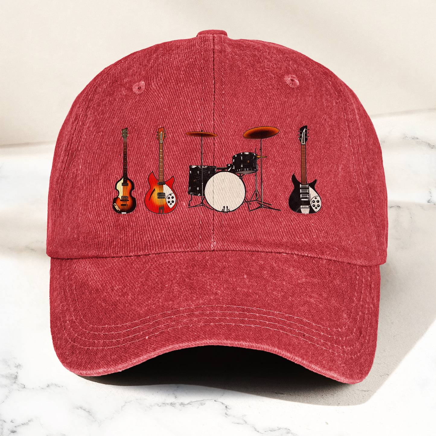Vintage Rock Instruments Cap – Washed Black Denim Dad Hat, Guitar & Drum Minimalist Music Hat (With Box)