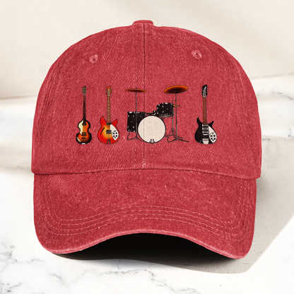 Vintage Rock Instruments Cap – Washed Black Denim Dad Hat, Guitar & Drum Minimalist Music Hat (With Box)