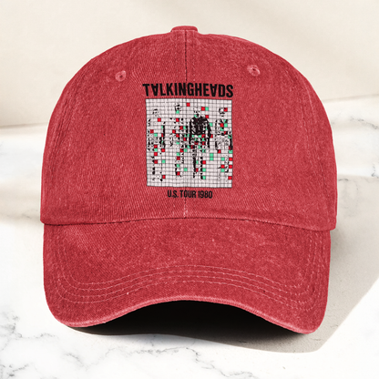 Talking Heads US Tour 1980 Cap – Vintage Washed Black Denim Dad Hat, Glitch Graphic Retro Band Hat (With Box)