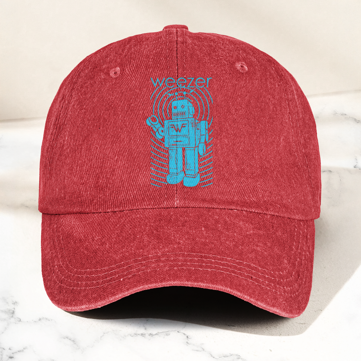 Weezer Robot Logo Cap – Vintage Washed Black Denim Dad Hat, Retro Sci-Fi Band Graphic Hat (With Box)