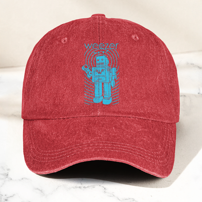 Weezer Robot Logo Cap – Vintage Washed Black Denim Dad Hat, Retro Sci-Fi Band Graphic Hat (With Box)