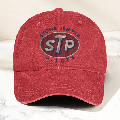 Stone Temple Pilots STP Cap – Vintage Washed Black Denim Dad Hat, Retro 90s Rock Band Logo Hat (With Box)