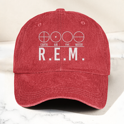 R.E.M Elements Logo Cap – Vintage Washed Black Denim Dad Hat, Earth Air Fire Water Minimalist Band Hat (With Box)