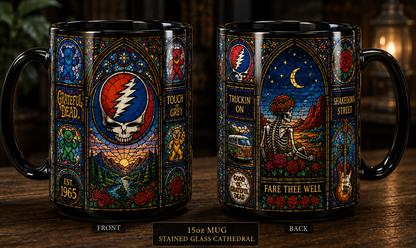 Grateful Dead Stained Glass Black Coffee Mug – 15oz Ceramic Mug for Deadheads