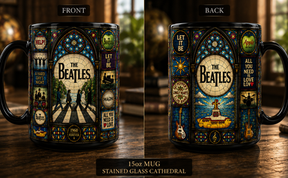The Beatles Stained Glass Black Coffee Mug – 15oz Ceramic Mug for Classic Rock Fans