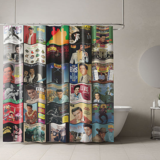 Elvis Presley Vintage Album Collage Shower Curtain – Retro Music Nostalgia Bathroom Decor